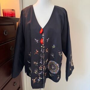 Embroidered V-Neck Navy Women's Kimono